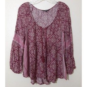 American Eagle Outfitters Burgundy White  Floral Long Sleeve Boho Shirt Size S